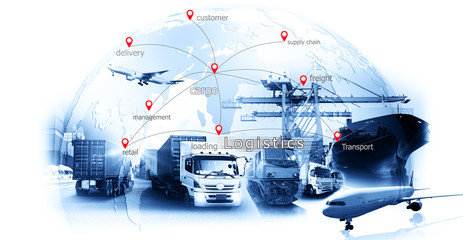 World map with logistic network distribution on background. Logistic and transport concept in front Logistics Industrial Container Cargo freight ship for Concept of fast or instant shipping Online 