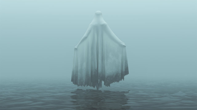Floating Evil Spirit Ghost with one Knee Raised and Arms Out in a Death Shroud Over Water on a Foggy Day Back View 3d Illustration 3d Rendering
