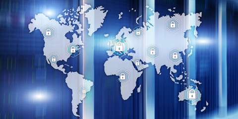 Global cyber security concept communication privacy data protection server room background.
