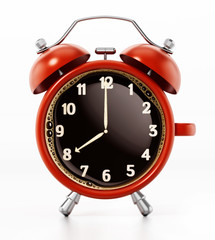 Red alarm clock combined to coffee mug. 3D illustration
