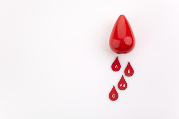 Blood drops with different blood types on white background with copy space