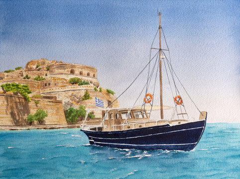 Handmade watercolor drawing of touristic boat