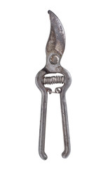Old rusty garden pruner closed on isolated white background