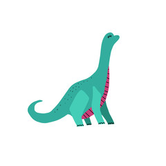 Dino color flat hand drawn character. Cute long neck dinosaur. Sketch Brachiosaurus with decor. Isolated cartoon illustration for kid game, book, t-shirt, textile isolated on white background