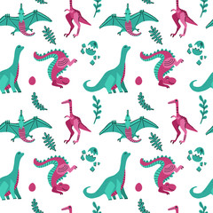Cute childish seamless pattern with dinosaurs with eggs, plants. Funny cartoon dinos on white background. Hand drawn doodle design for girls, children illustration for fashion clothes, fabric
