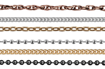 A collection of chains with round links on an isolated white background