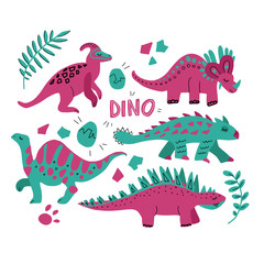 Hand drawn dinosaurs set and tropical leaves. Cute funny cartoon dino collection. Hand drawn set for kids design. illustration. Triceratops, Ankylosaurus, Stegosaurus, Parasaurolopus