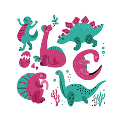 Set of 5 Cute dinosaur color hand drawn characters. Dino flat handdrawn clipart. Sketch jurassic reptile. Brachiosaurus. Tyrannosaurus. Isolated cartoon illustration for kids game,book, t-shirt