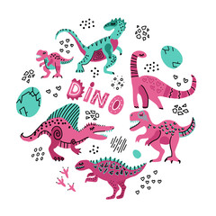 Cute dinosaurs hand drawn color illustration in round shape. Dino characters cartoon circle texture. Prehistoric scandinavian illustration. Sketch Jurassic reptiles.