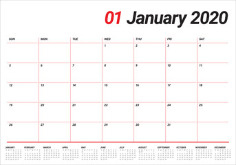 January 2020 desk calendar vector illustration