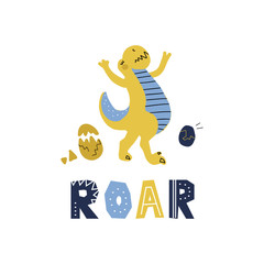 cute cartoon hand drawn dinosaur with lettering quote Roar. Tyrannosaurus with eggs. illustration of scandinavian t-rex character for children textile print with funny lettering
