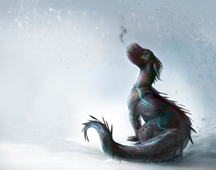 Dragon on the snow illustration - obrazy, fototapety, plakaty
