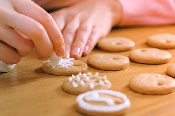 Woman's hands decorate christmas cookies with sugar sweet icing