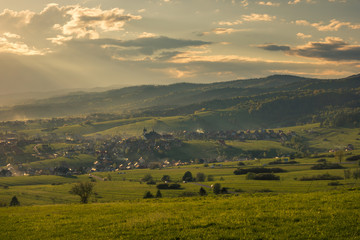 Kluszkowce village during the spring sunset, Malopolskie, Poland