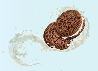Fresh milk, yogurt, cream 3D splash with chocolate and sweet cream cookies. Traditional chocolate cookies with cream filling, milk, yogurt nutrition composition ad design isolated on blue background