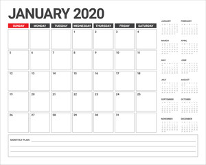 January 2020 desk calendar vector illustration