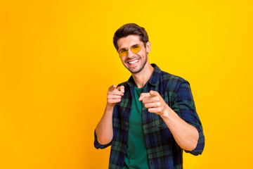I pick you. Photo of funny guy indicating fingers on chosen candidate wear casual plaid shirt and...