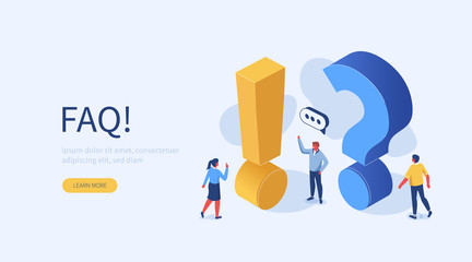 People Characters Standing near Exclamations and Question Marks. Woman and Man Ask Questions and receive Answers. Online Support center. Frequently Asked Questions Concept. Flat Vector Illustration. - obrazy, fototapety, plakaty