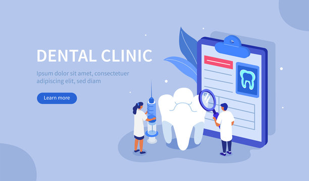Doctor Dentist and Nurse works Together in Dental Clinic. Medical Staff  at Stomatology Center Check up Patient's Teeth. Dentistry Examination Concept. Flat Isometric Vector Illustration.