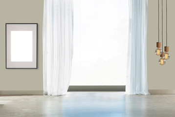 empty living room interior decoration modern lamp and wooden floor, stone wall concept. decorative background for home, office, hotel