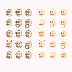 Outline color and flat vector graphic emoticon set. Face icon with various facial expression.