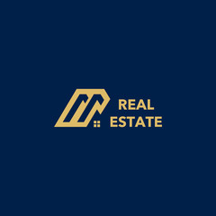Logo for real estate business on blue background with gold letters