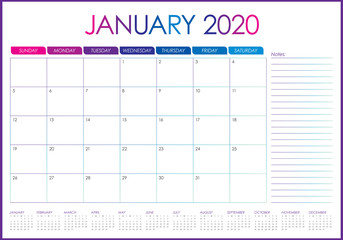 January 2020 desk calendar vector illustration