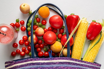 top view of eco natural farmer fruit and vegetable fall out of the bag