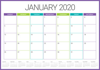 January 2020 desk calendar vector illustration