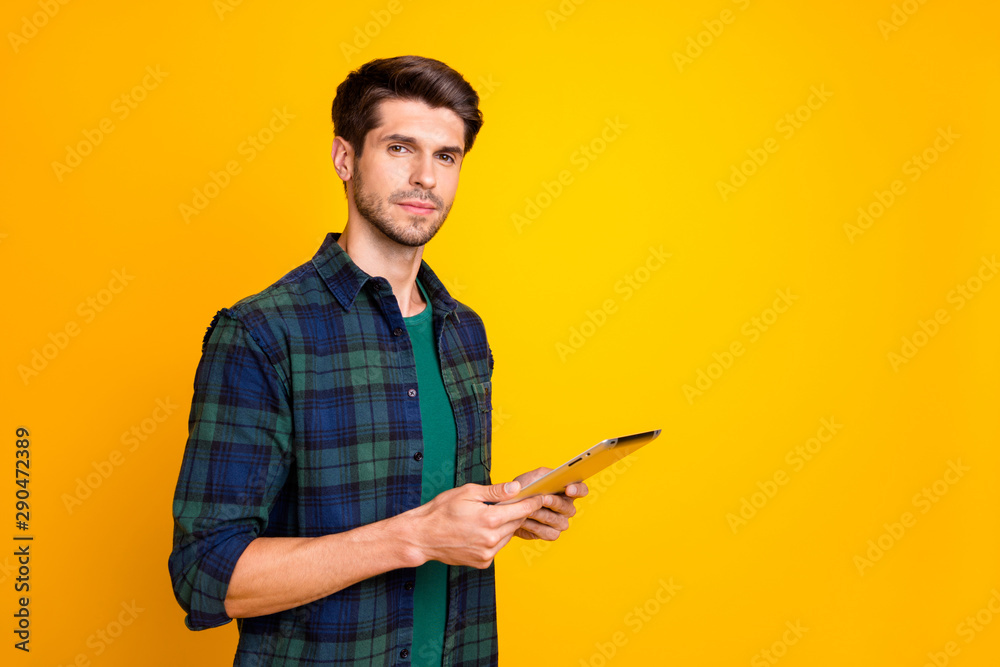 Sticker photo of nice guy with e-reader in hands making corporate notes think over startup idea wear casual 