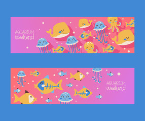 Aquarium banners with fish, jellyfish, octopus and whale. Vector illustration in flat cartoon style. Invitation to event aquarium weekend, two colorful banners