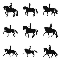 Set of silhouettes of riders riding a trot on a horse