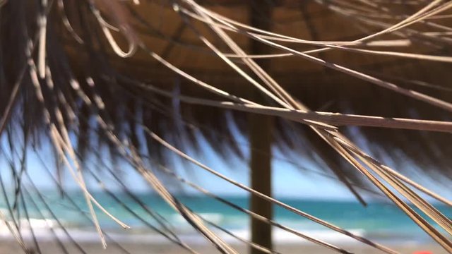 Wind blowing through thatch tiki umbrella at the beach in Marbella Malaga Spain, tropical holiday vibes