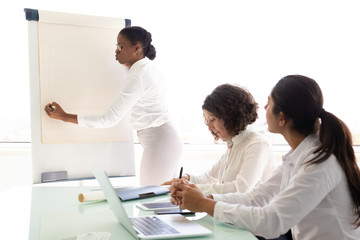 Fototapeta premium Manager presenting report or project to colleague in conference room. Young female speaker drawing on flipchart, colleagues sitting at table with laptop. Presentation concept