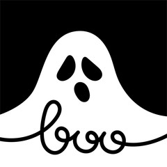 White ghost on black background. Text Boo. Halloween lettering. Vector