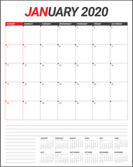 January 2020 desk calendar vector illustration