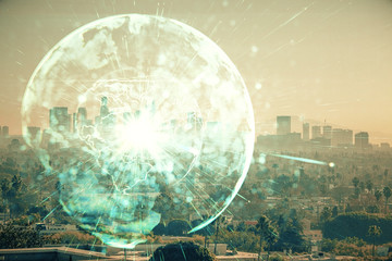 Double exposure of business theme hologram drawing and city veiw background. Concept of success.