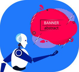 The robot holds a banner. New technologies Liquid geometric gradient for minimal banners, logo, flyer, poster, presentation and advertisement. Abstract trendy liquid background.