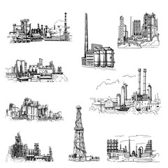 Chemical plant, the production of polymers, hand-drawn vectot sketch © Shalyapina