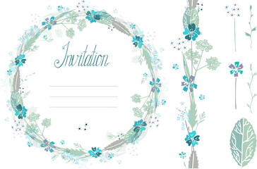 Isolated on white vector set with circle floral tangle, seamless brush, hand drawn Invitation word silhouette, shapes of flowers and leaves in blue, grey, light green colors