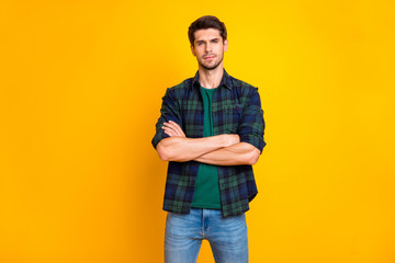 Photo of amazing macho guy with crossed hands reliable person wait first job task wear casual plaid...