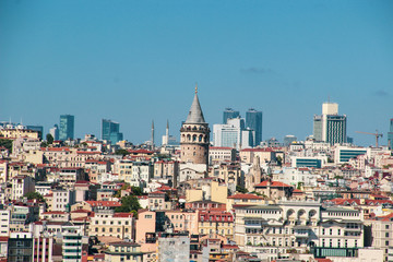 Galata Tower and Mosque dome silhouette with Bosphorus landscape in Golden Horn of Istanbul city in Turkey and the sea of Marmara 