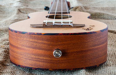 Fototapeta na wymiar Gitara hawajska. Ukulele instrument drewniany. Szybka nauka gry na instrumencie. Instrument akustyczny. Muzyka i spiew.