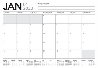 January 2020 desk calendar vector illustration