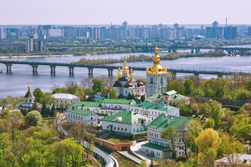 Scenic view to Vydubytskyi monastery and residential quarters from Kyiv-Pechersk Lavra in Kyiv, Ukraine