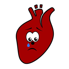 Unhappy unhealthy crying heart cartoon character vector icon isolated on white.