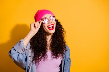 Photo of amazing lady excited about summer holidays and long waited vacation wear casual cool outfit isolated yellow color background