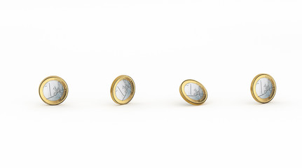 Multiple one euro coins isolated on a white background with shadow. 3d illustration.