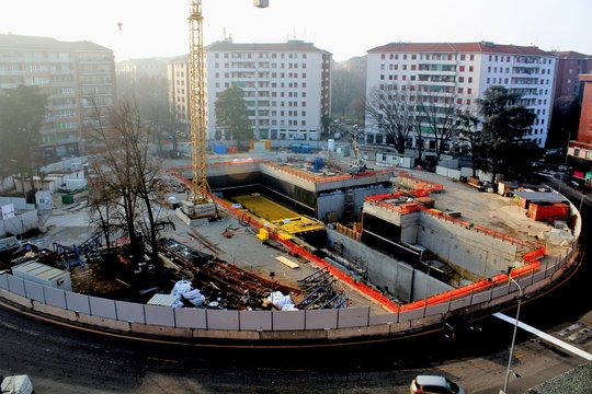 Milan, Italy - February 18, 2017: interesting imagine of the construction site for the construction  of a stop on the Milan Metro line 4