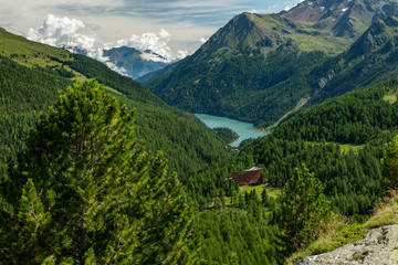 Fototapeta na wymiar Martell valley and lake Zufrittsee on a sunny day in summer